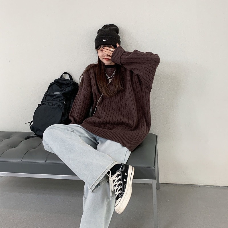 Áo Sweater dáng rộng màu sắc đơn giản trẻ trung phong cách Hàn Quốc cho bạn gái