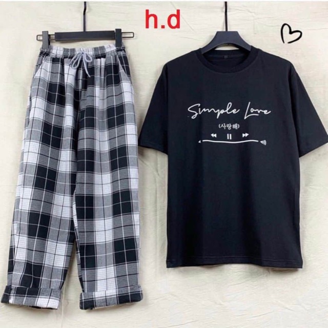 Sét áo simple love + quần kẻ đen HĐ12