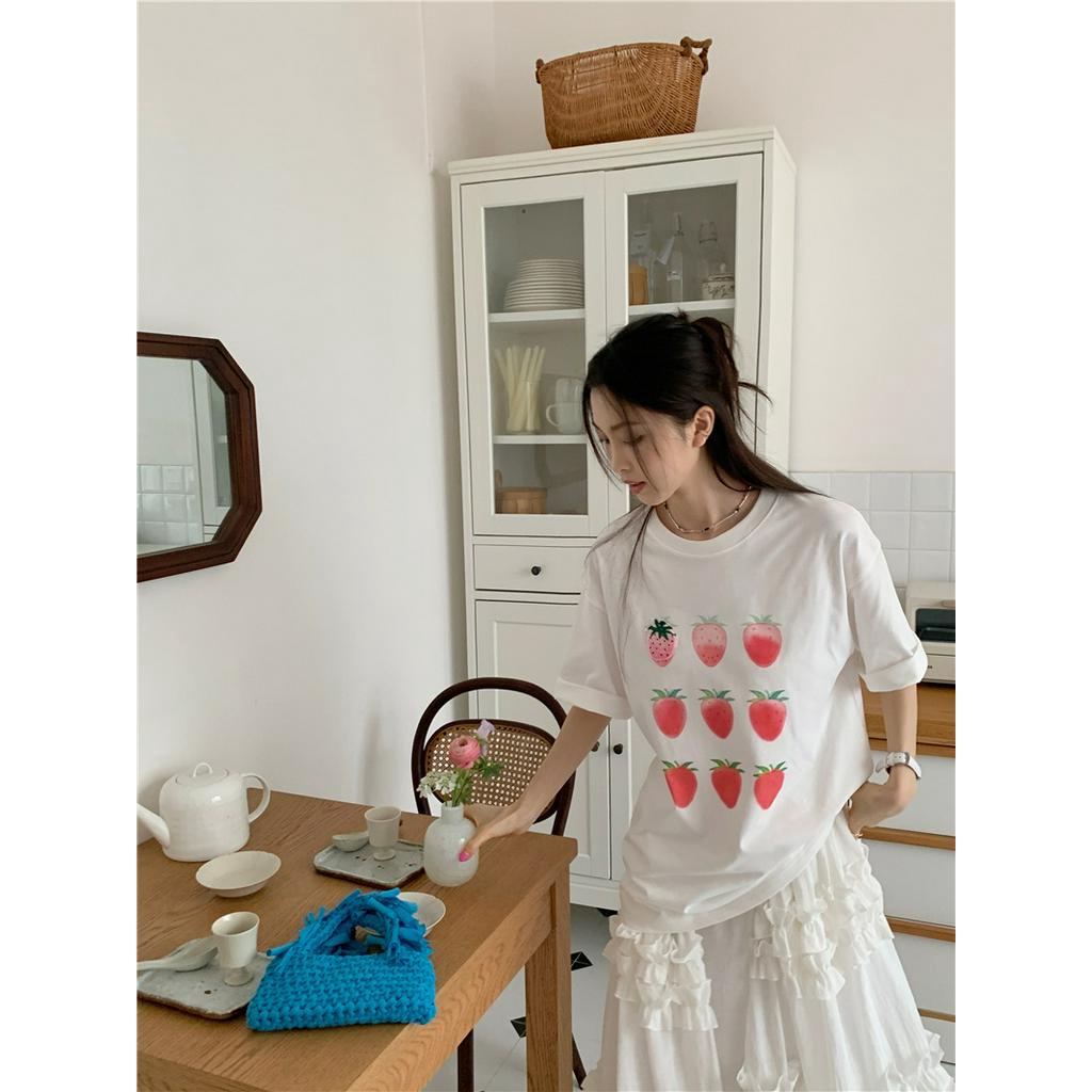 Áo Thun Cotton Tinh Khiết Dáng Rộng In Hình Dâu Tây Phong Cách Mới 62801