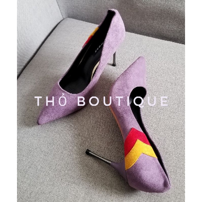 Giày cao gót MWYX da lộn tím phối màu đỏ vàng 7cm size 38-39