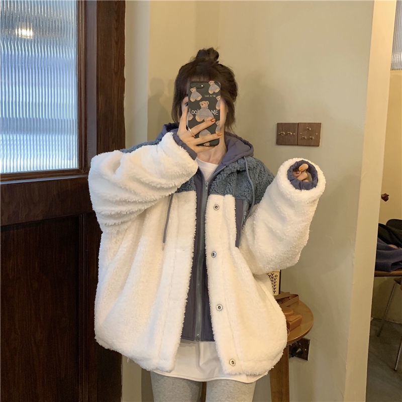 Áo khoác ZHELIHANGFEI lông cừu giả dáng rộng phong cách đi học thời trang trẻ trung