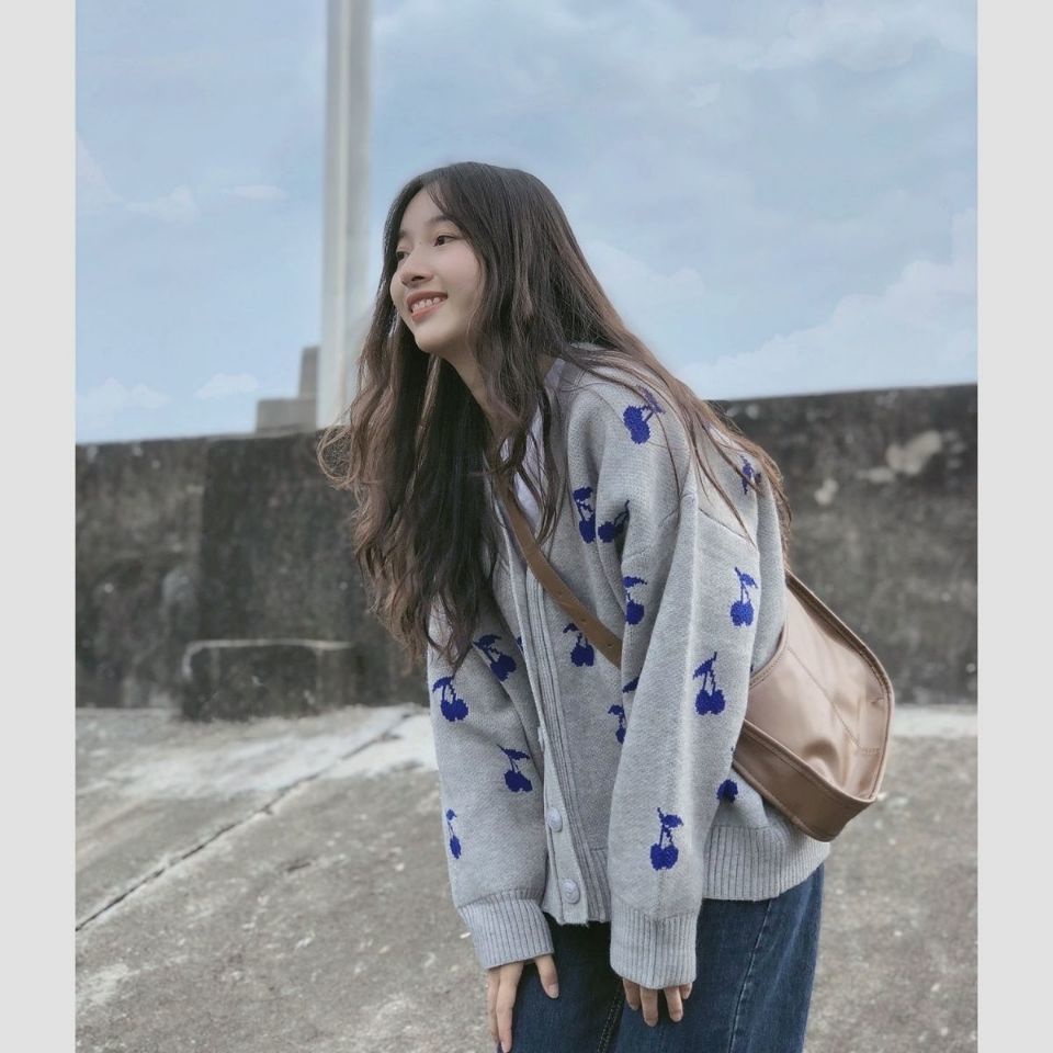 Áo Khoác Cardigan Dệt Kim Dáng Rộng In Họa Tiết Cherry Thời Trang Phong Cách Hàn Quốc Cho Nữ