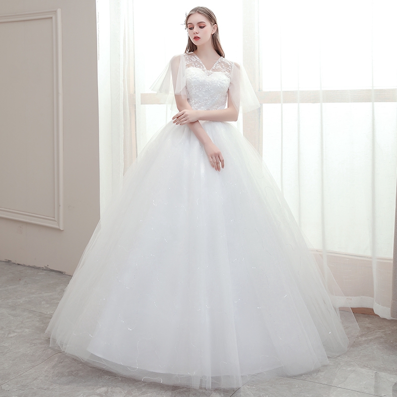Váy Cưới Cô Dâu Ngắn Tay Đính Ren Màu Trắng Thanh Lịch