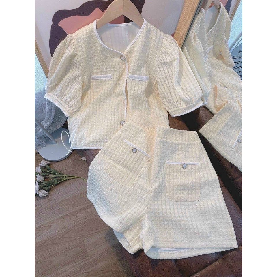Set áo nude viền ngọc+ chân váy túi 💖 KÈM ẢNH THẬT