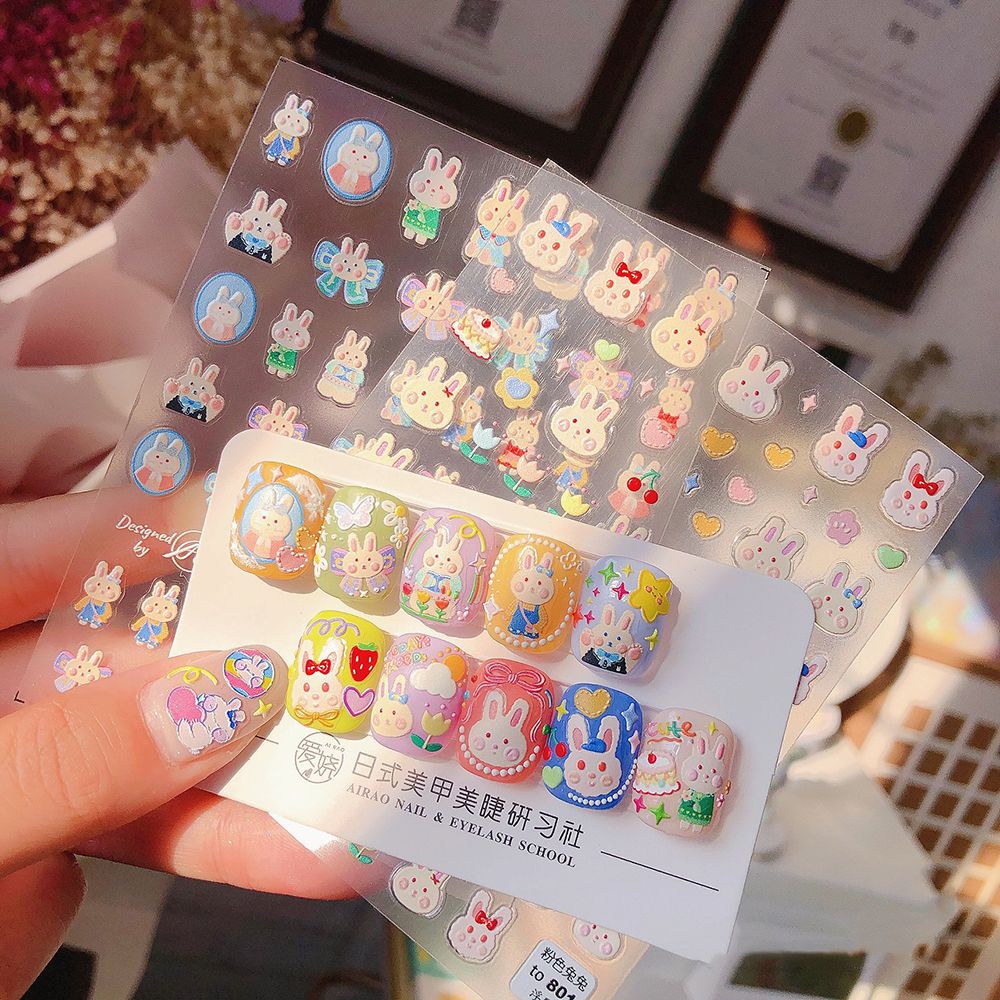 [Hàng mới về] Nhãn Dán Trang Trí Móng Tay Họa Tiết Hoa / Thỏ Hồng Dễ Thương Diy