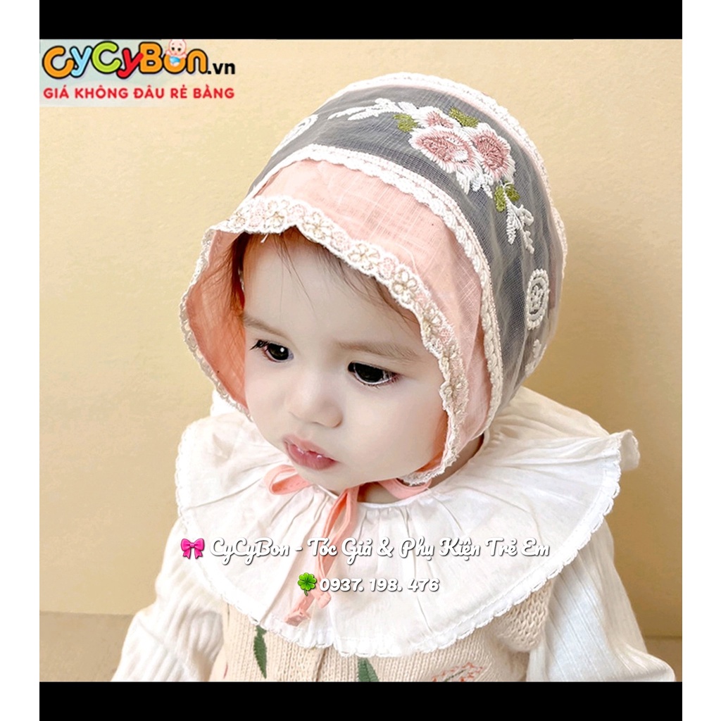 Mũ Nón Tiểu Thư Cho Bé Gái Phối Ren Đính Hoa Hồng Thêu Có Dây Cột Giữ Nón Size Cho Bé Từ 3 Tháng - 12 Tháng Siêu Xinh !