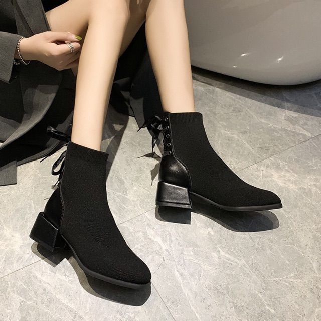 (Order) Boots len cổ ngắn Ulzzang nơ gót cao 4,5cm - Có ảnh thật