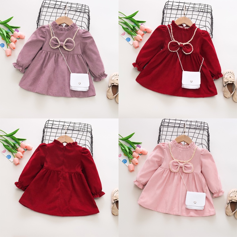Đầm Công Chúa Tay Dài Đính Nơ Dễ Thương Thời Trang Xuân Thu Cho Bé Gái 9 Tháng-3 Tuổi
