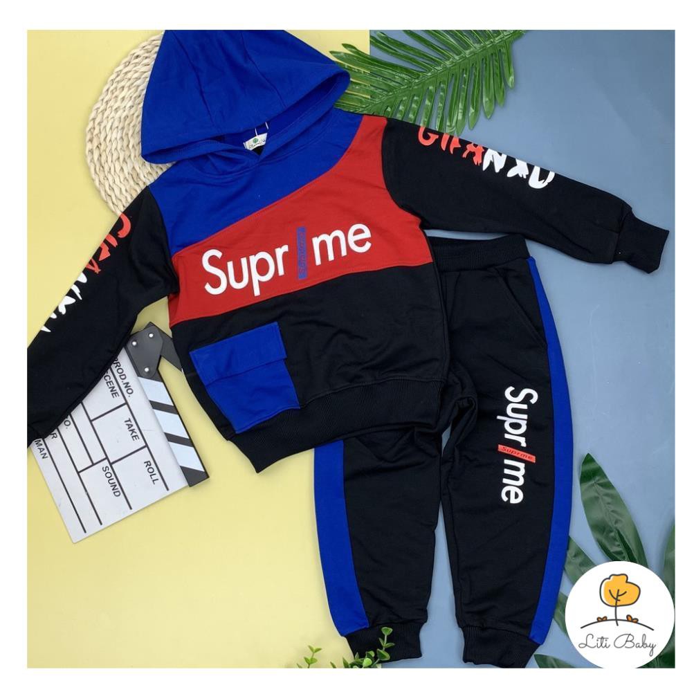 Bộ nỉ da cá chữ Supperrme bé trai có mũ size 3-10T. Cho bạn từ 12 - 30kg. Chất nỉ da cá đanh chất, đẹp