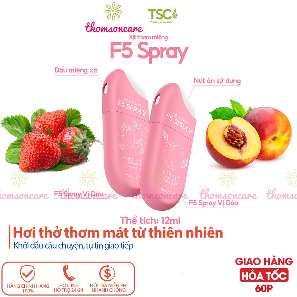 Sịt thơm miệng F5 Spray, giảm mùi hôi, ngừa sâu răng, tự tin khi giao tiếp hương vị đào, dâu, bạc hà
