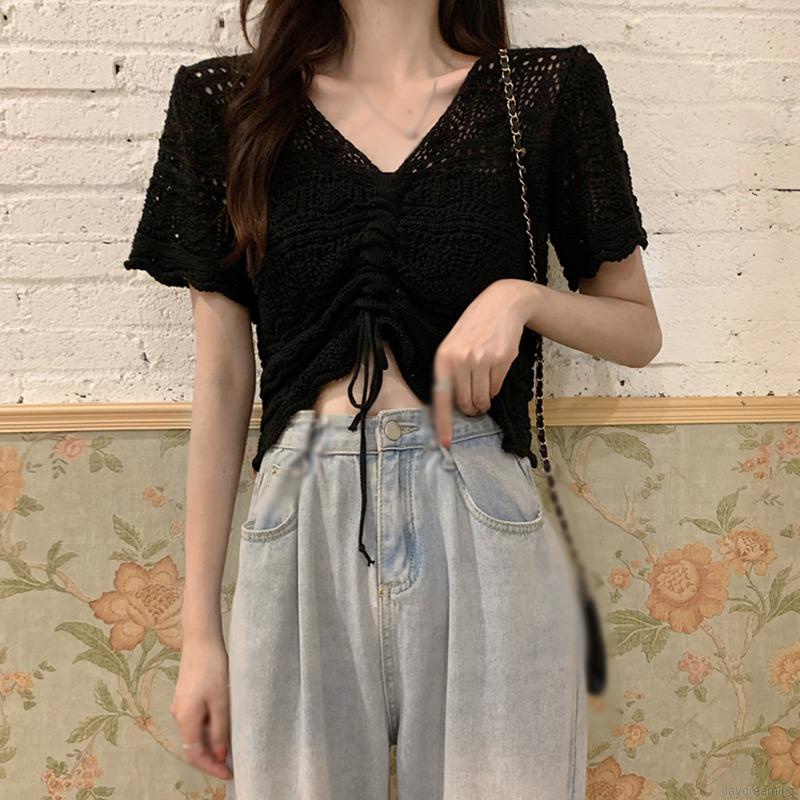 Áo Croptop Tay Phồng Ngắn Cổ Chữ V Thời Trang Hè Cho Nữ