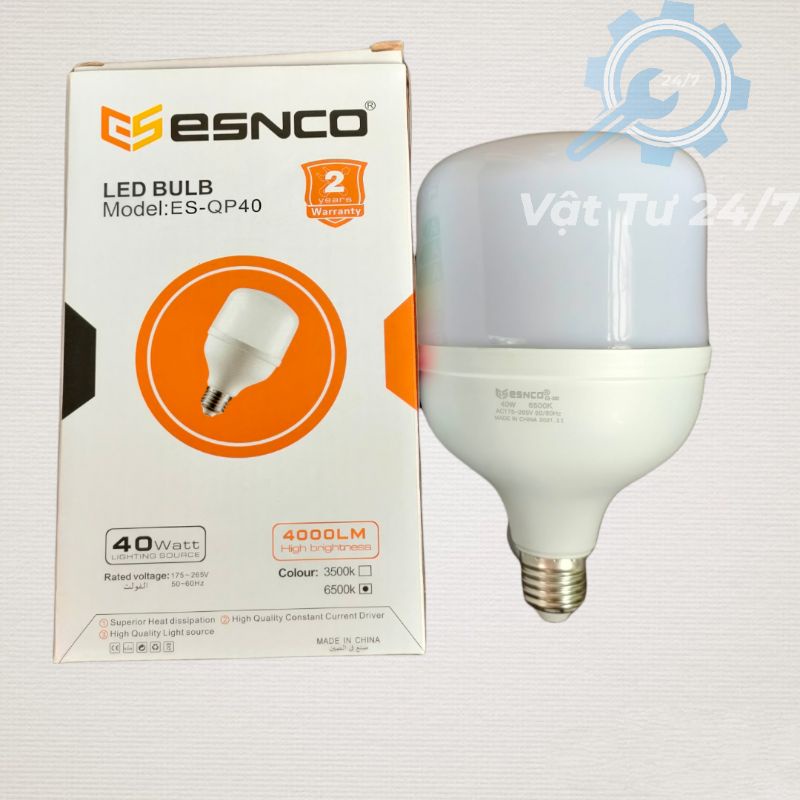 Bóng đèn Led búp bulb trụ tròn 40W đui xoáy E27 kín nước hàng chuẩn công suất hiệu Ensco Chính Hãng