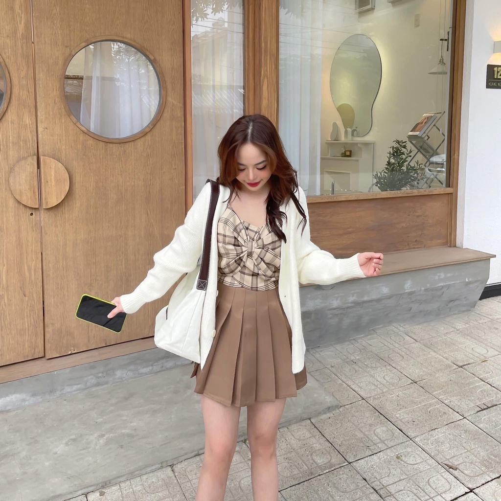 Set bộ 3 món áo khoác len phối chân váy xếp ly và áo croptop 2 dây phối nơ trước ngực ulzzang Hàn Quốc - Maoshop | BigBuy360 - bigbuy360.vn