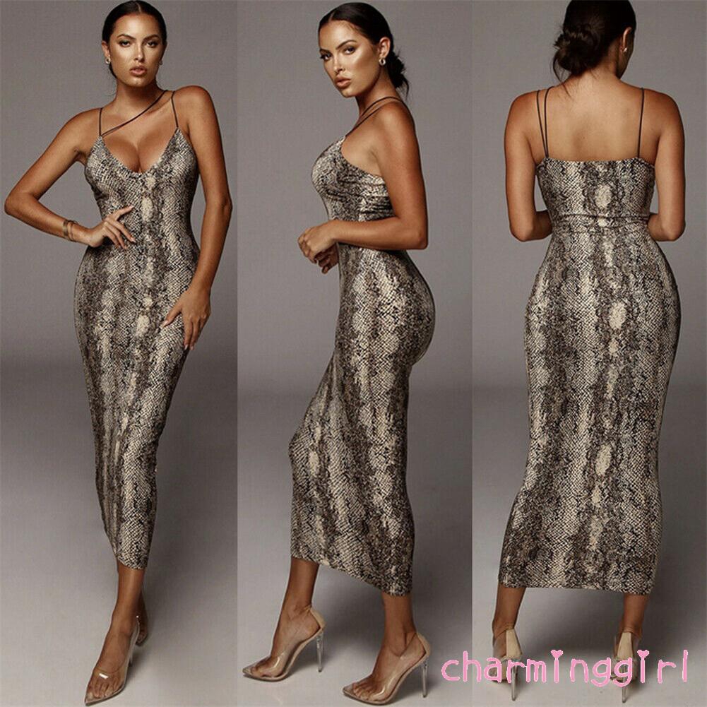 Đầm maxi cổ chữ V in họa tiết da báo gợi cảm cho nữ