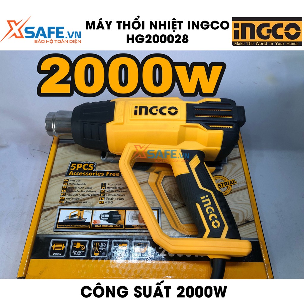 Máy thổi nhiệt INGCO HG200028 kèm theo 1 cây nạo/cào và 4 miệng vòi, công suất 2000W, nhiệt độ 380°C/570°C