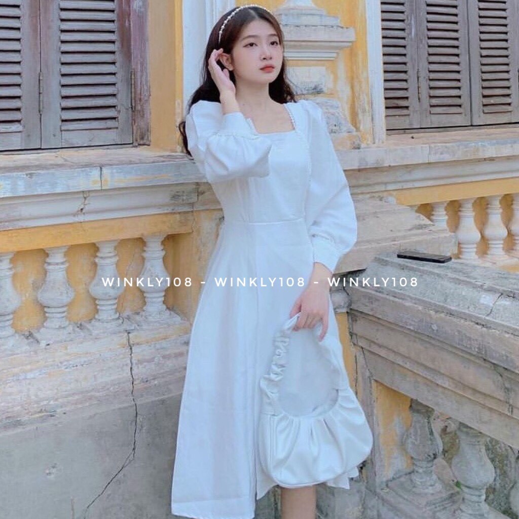 Váy trắng phối viền ren hạt tiểu thư VT01