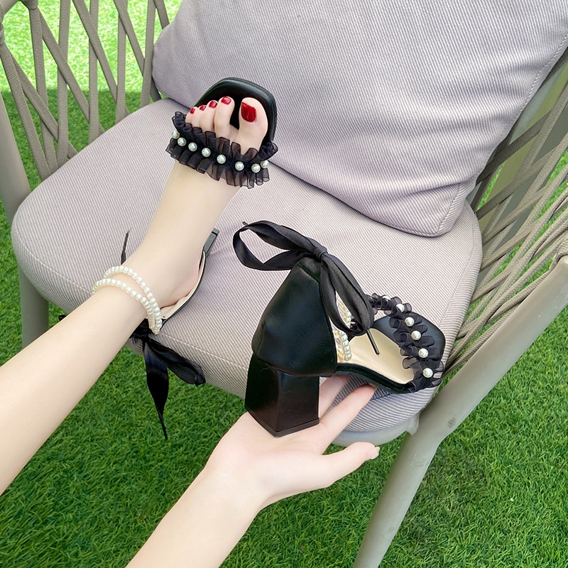 Giày sandal IELGY cao gót một dây quai ngang đính ngọc trai thoải mái thời trang Pháp cho nữ