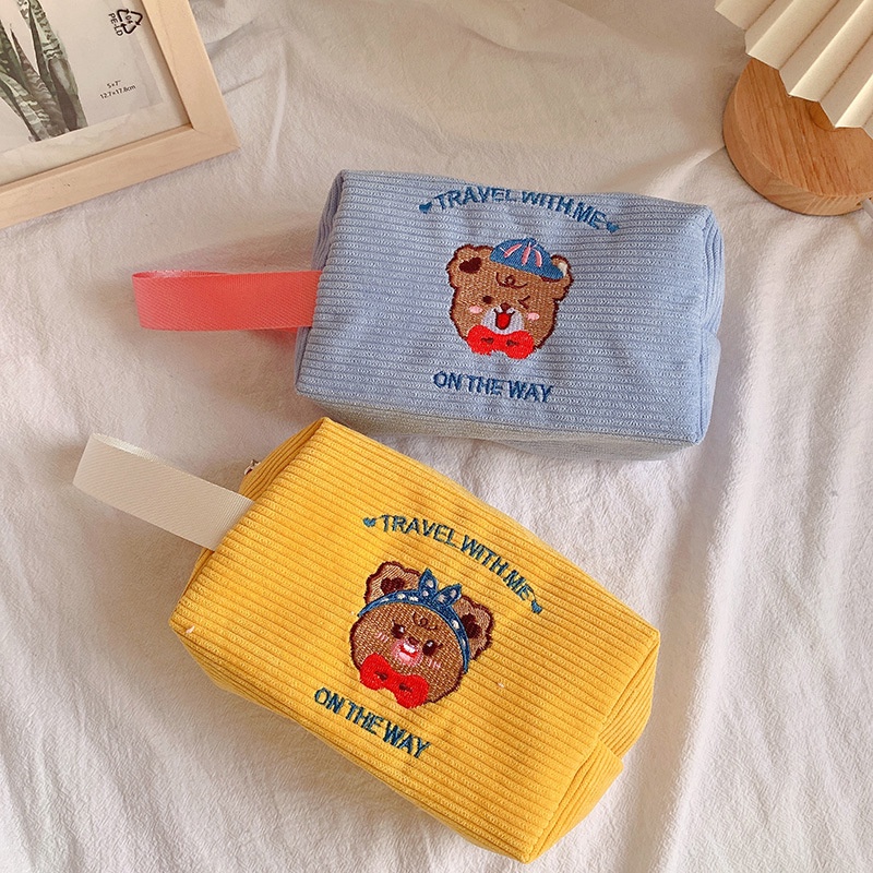 Hộp đựng bút vải nhung tăm hình gấu cute 1 to ngăn - Túi bút nhung tăm đựng mỹ phẩm, Bóp viết DUHU HBV22