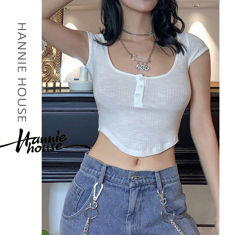 Áo Croptop Tay Ngắn Phối Nút Thiết Kế Cổ Chữ U Cho Nữ | BigBuy360 - bigbuy360.vn