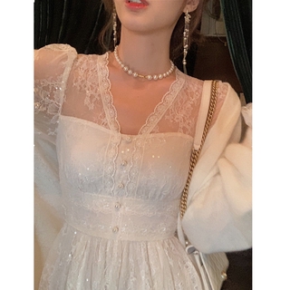 Đầm Maxi Nữ Tay Dài Cổ Chữ V Phối Ren Thời Trang