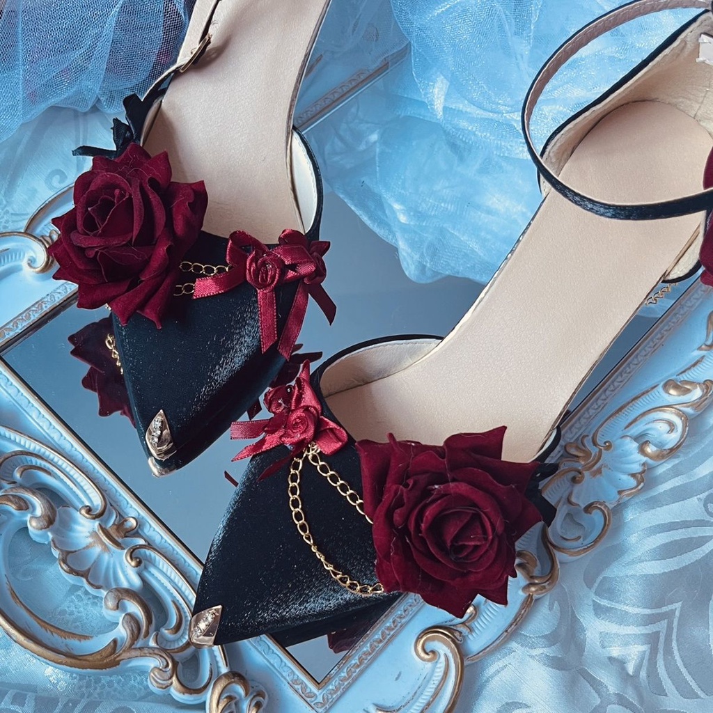 Giày cao gót làm bằng tay đích thực giày cao gót hoa hồng đỏ và đen giày cao gót Lolita giày cao gót cưới giày cao gót mũi nhọn giày cao gót 8cm