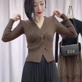 V-neck knitted sweater cross slit knitted sweater female autumn ins new solid color slim fit all-match bottoming knitted sweater top