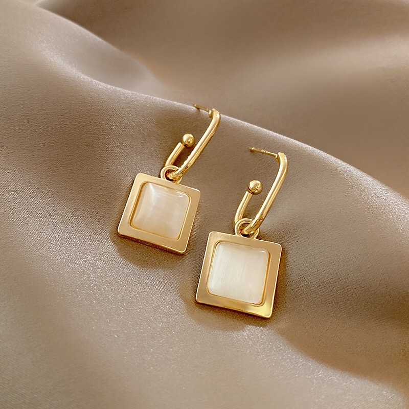 Bông tai vuông khối lập phương RYO phong cách Hàn Quốc cổ điển- khuyên tai chuôi kim bạc 925, đá opal nhân tạo