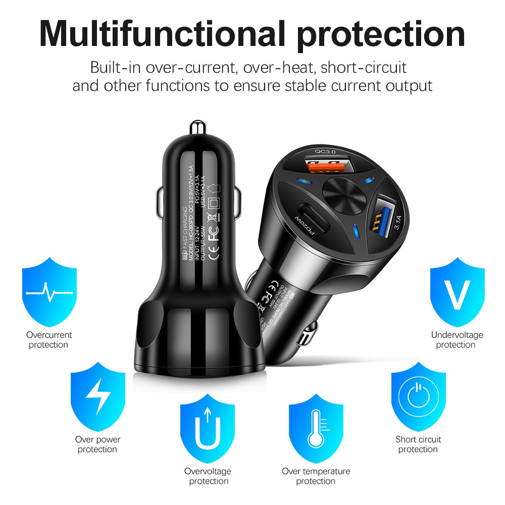 Tẩu Sạc Điện Thoại Nhanh 20W QC 3.0 3.1A USB Type C 20W Cho Xe Hơi