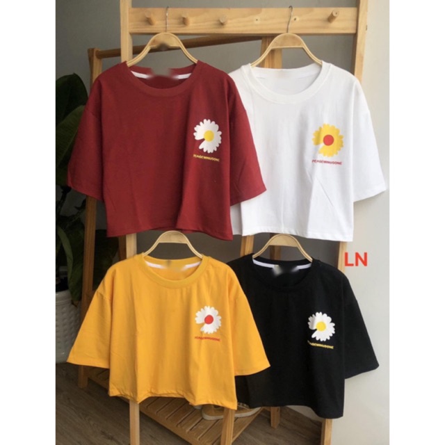 SHOP NHÀ CÁ Áo croptop hoa cúc chữ vàng đỏ LN12