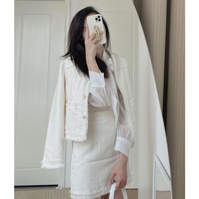 Set dạ tweed kim tuyến đỏ, trắng, đen 2 món