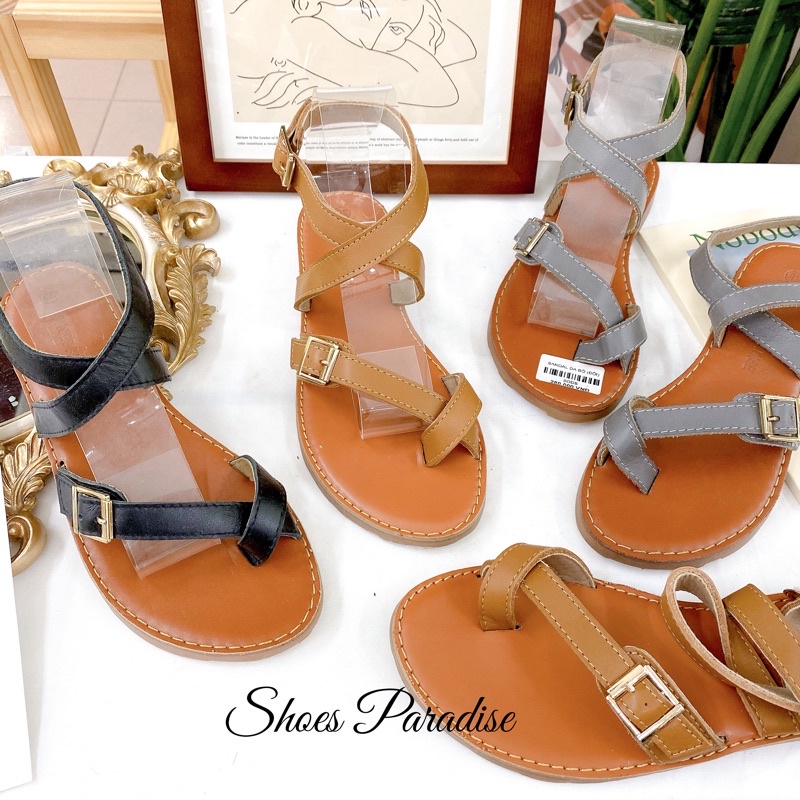 Giày Sandal Xỏ Ngón  Da Bò Xỏ Ngón Khoá Đế Bệt Thời Trang Shoes Paradise