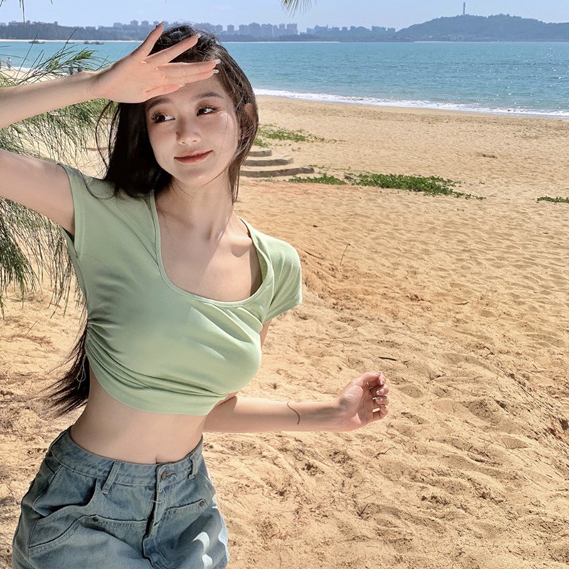 Áo Thun Crop Top Cổ Vuông Tay Ngắn Cột Dây Màu Sắc Trơn Phong Cách Hàn Quốc Dành Cho Nữ