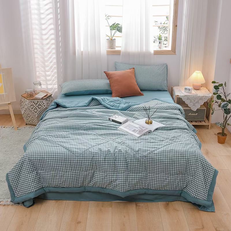Bộ chăn ga gối cotton đũi chăn hè chăn bông họa tiết kẻ đơn giản sang trọng, ga gối mềm mịn thoáng mát miễn phí bo chun