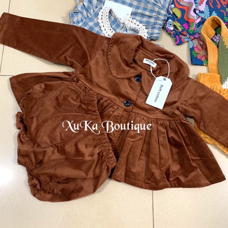 Bộ quần áo nhung thu đông Soft Cotton Cao Cấp màu nâu bé gái| Sét áo búp bê kèm quần nhung (Ảnh thật) sz 80-130