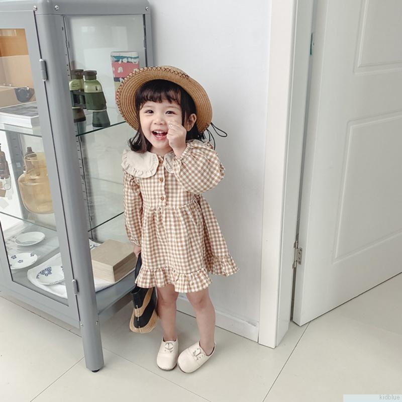 Đầm công chúa tay phồng bằng vải cotton họa tiết kẻ sọc có nút cài thời trang cho bé gái 0-6 tuổi