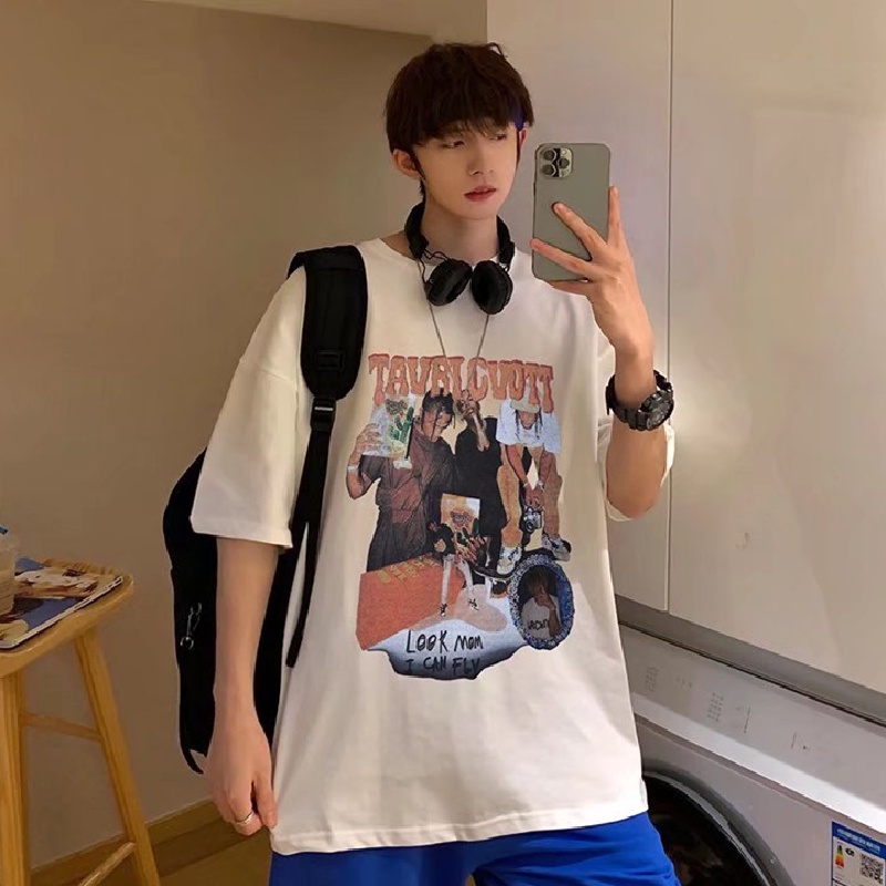 Áo Thun Tay Ngắn Dáng Rộng In Họa Tiết Hoạt Hình Phong Cách Hàn Quốc Thời Trang Mùa Hè Cho Nam Size M-5XL