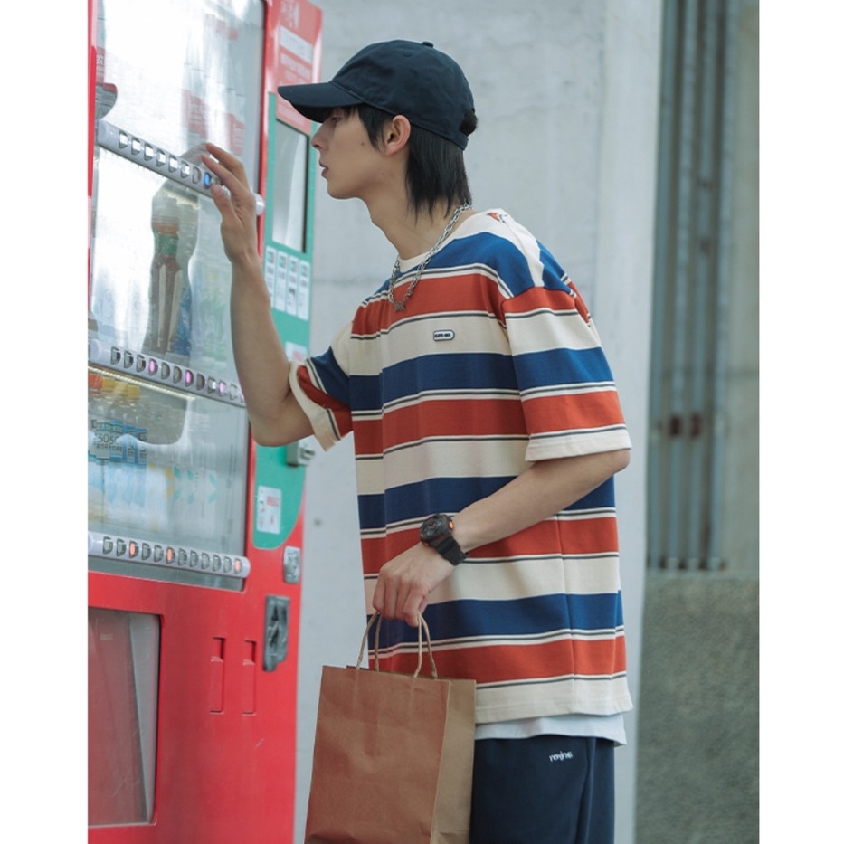 Áo thun kẻ tay lỡ 100% cotton logo cao su nam nữ  MEANSTORE phông in hình cotton vải mát form rộng phong cách Hàn Quốc