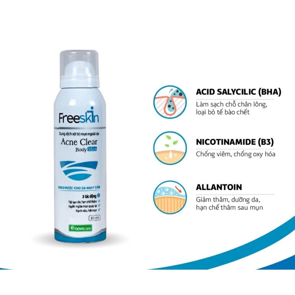 [CHÍNH HÃNG- BÁN CHẠY] Xịt Mụn Lưng, Ngực, Mông FreeSkin Chai 80ml, Giảm Mụn, Mờ Thâm, Sáng Da, Hàng