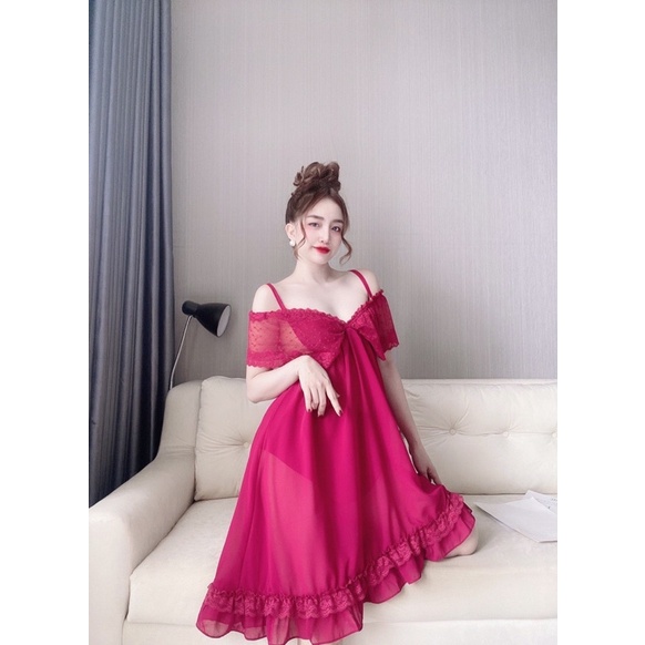 Váy ngủ chiffon bẹt vai + quần &lt; 70kg