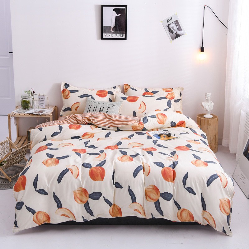 Bộ chăn ga gối Cotton poly M2T bedding gồm vỏ chăn mền, drap nệm và 2 vỏ gối nằm họa tiết quả đào
