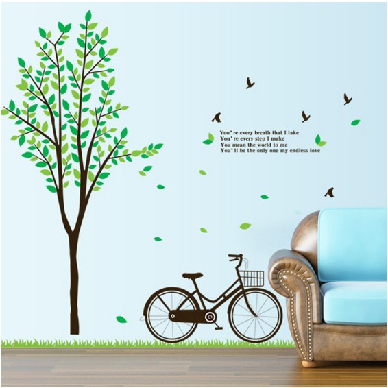 Decal trang trí Xe Đạp và nhánh cây xanh