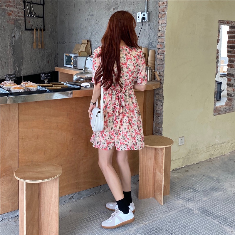 Đầm hoa SUXI tay ngắn cổ chữ V dáng chữ A phong cách cổ điển đơn giản thời trang mùa hè cho nữ