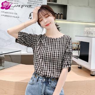 Áo Sơ Mi Chiffon Cổ Tròn Tay Ngắn Họa Tiết Caro