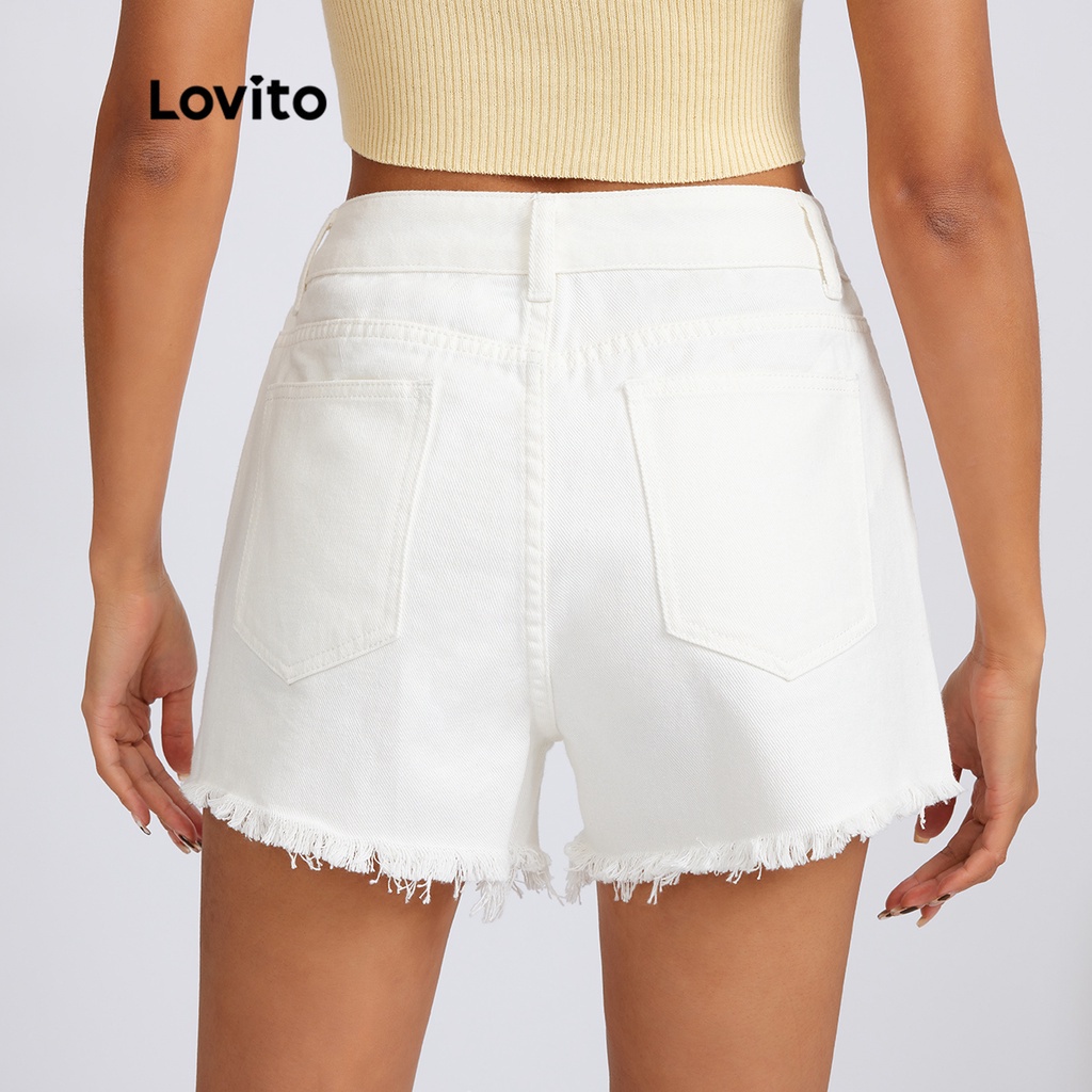 Quần short denim Lovito màu trơn phối túi phối rách nạm đinh tán lai thô phong cách thường ngày L20DD05 (màu trắng)