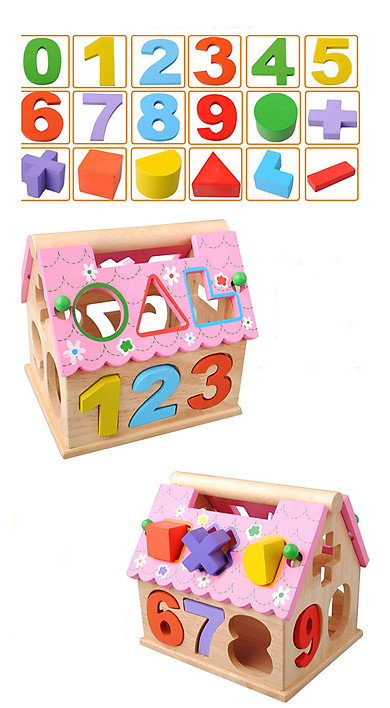 Ngôi nhà toán học màu hồng thả hình và số - Đồ chơi gỗ sồi an toàn - Tăng khả năng ghi nhớ chữ số, màu sắc