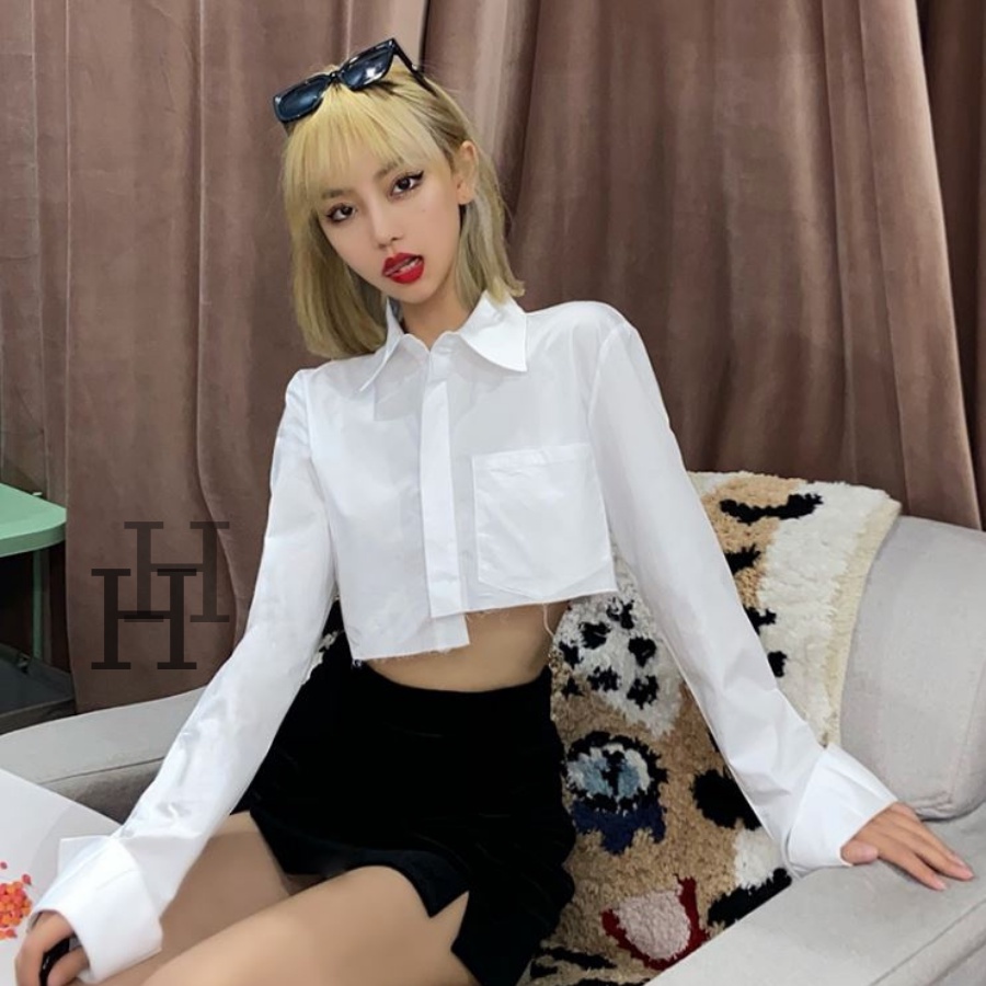 Áo croptop cổ sơ mi rộng tay dài màu trắng HAC137 Hỉn Hỉn Store