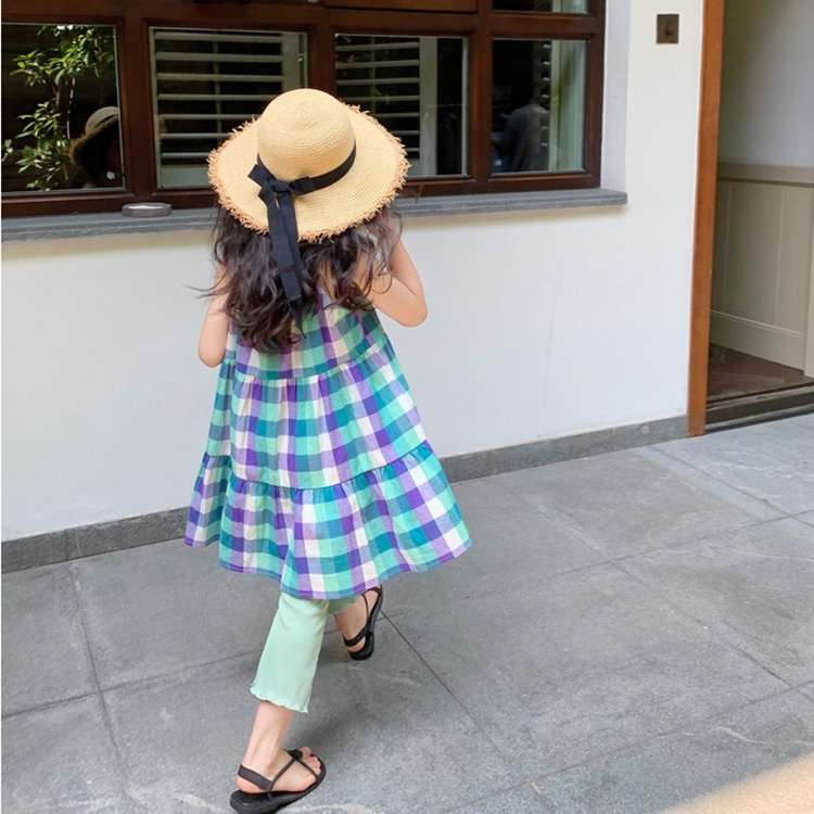 Đầm Hai Dây Đi Biển Họa Tiết Caro Phong Cách Hàn Quốc Thời Trang Mùa Hè Cho Bé Gái