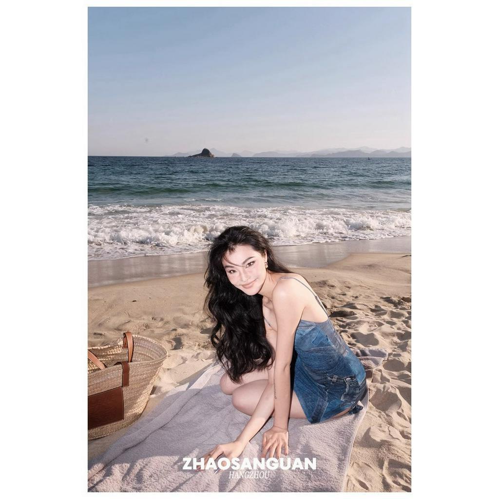 Đầm Denim Hai Dây Co Giãn Cổ Phẳng In Họa Tiết Màu Xanh Dương Quyến Rũ Thời Trang 2023 Cho Nữ