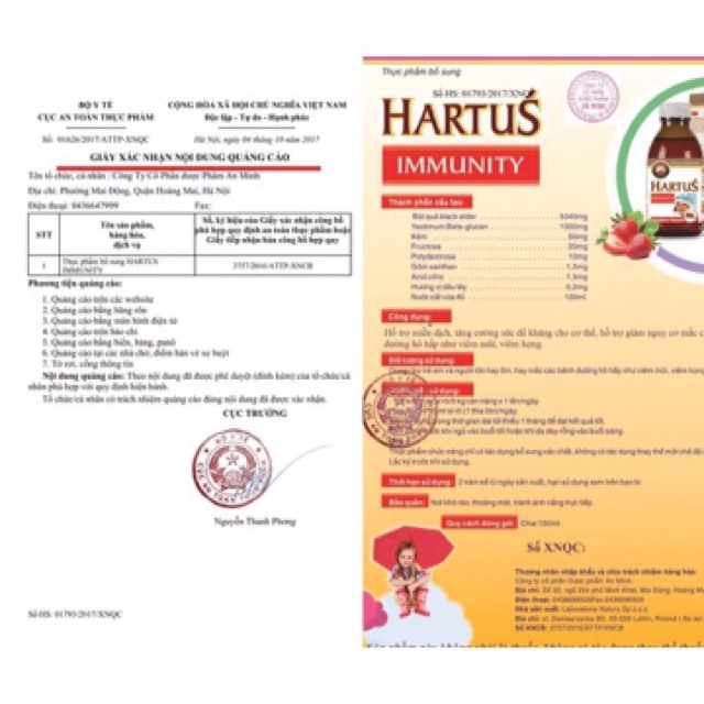 Hartus' Immunity - Tăng cường sức đề kháng cho bé, hết ốm vặt, phòng ngừa các bệnh đường hô hấp (Lọ 150ml)