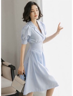 Đầm váy freesize SM sọc xanh bo eo